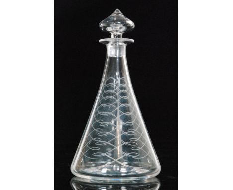 A 1930s Royal Brierley crystal glass decanter designed by Irene Williams, of conical form to a flat rim below a conical stopp