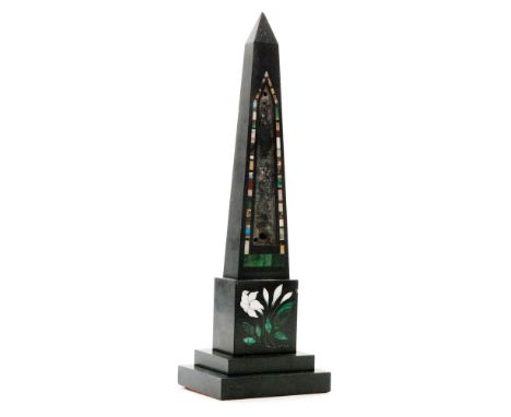 A 19th Century Pietra Dura obelisk thermometer, inlaid with multi coloured stones and white and malachite floral detail, on a