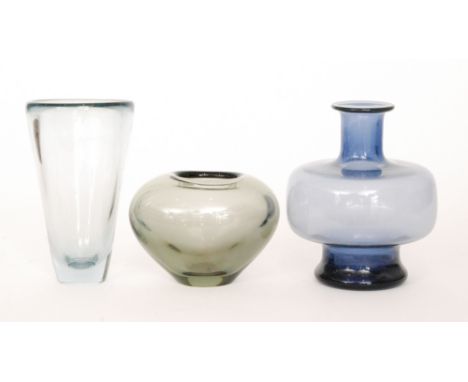 A trio of post war Holmegaard vases designed by Per Lutken, comprising a pale lilac vase the foot to a large medial band belo