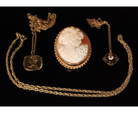 A 9ct hallmarked oval cameo brooch, head and shoulder portrait of a Classical maiden with two 9ct pendants and a 9ct chain. (