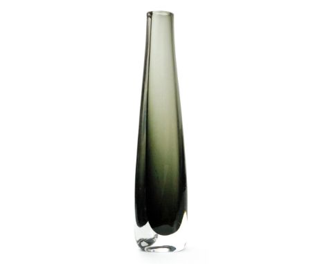 A post war Orrefors Dusk glass vase by Nils Landberg of tapering triangular form, the deep olive core cased in clear crystal,
