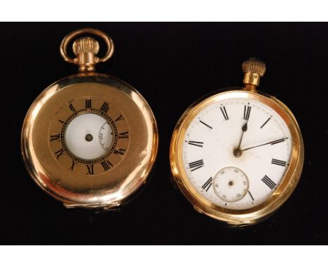 An 18ct open faced crown wind pocket watch, white enamel dial with Roman numerals and subsidiary seconds dial, diameter 42mm,