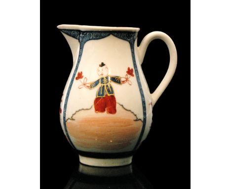 A late 17th to early 18th Century Worcester sparrow beak jug decorated with a Chinaman holding a floral sprig in each hand, d