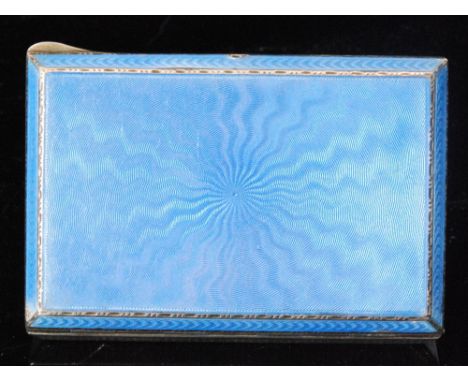 An early 20th Century Continental silver rectangular cigarette case with blue guillouche enamel decoration to front, length 8