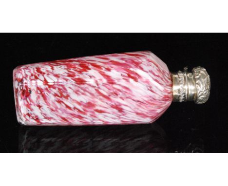 A French silver topped glass scent bottle of shouldered tapering form with clear over mottled pink, ruby and pearl glass, sta
