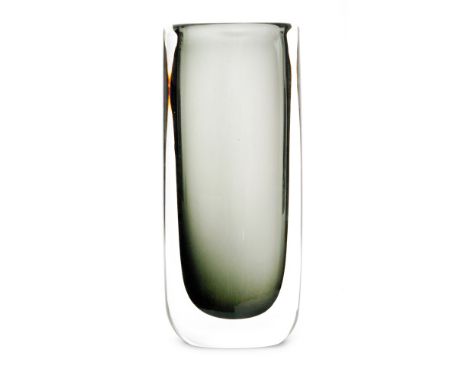 A post war Orrefors glass Dusk vase by Nils Landberg, of rectangular sleeve form, the deep olive core heavily cased in clear 