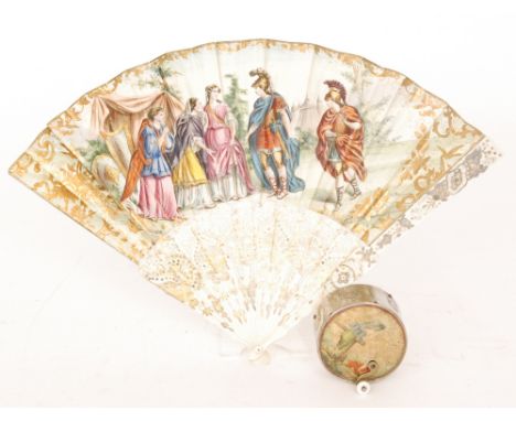 A late 19th Century Continental bone and metal inlaid folding fan with pierced foliate detail to the sticks, printed with a f