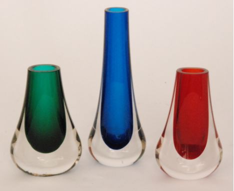 A post war Whitefriars teardrop vase, shape 9571, designed by Geoffrey Baxter, cased in clear crystal over Kingfisher Blue co