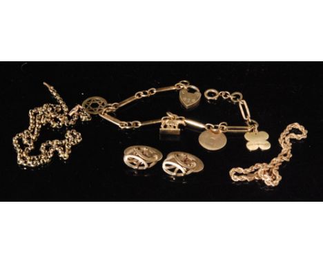 A 9ct belcher link necklace, a 9ct charm bracelet with padlock clasp, a pair of 9ct oval cufflinks and a rope work bracelet w