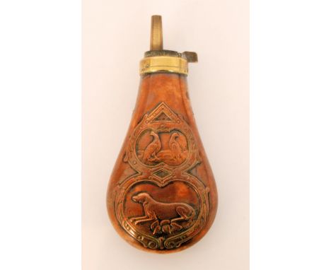 A 19th Century copper and brass powder flask embossed with hunting dogs and live game, length 15cm