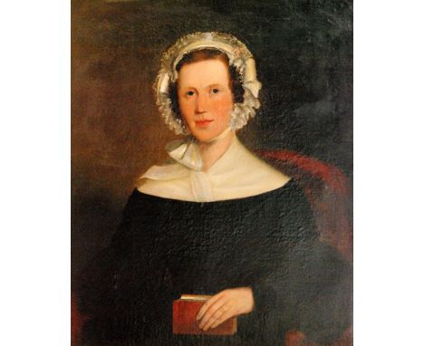 ENGLISH SCHOOL (CIRCA 1840) - Portrait of a young lady wearing a black dress and lace bonnet, half length, oil on canvas, fra