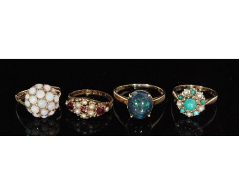 A Victorian hallmarked 9ct almandine garnet and split pearl ring, Birmingham 1883, a modern 9ct turquoise and pearl daisy hea