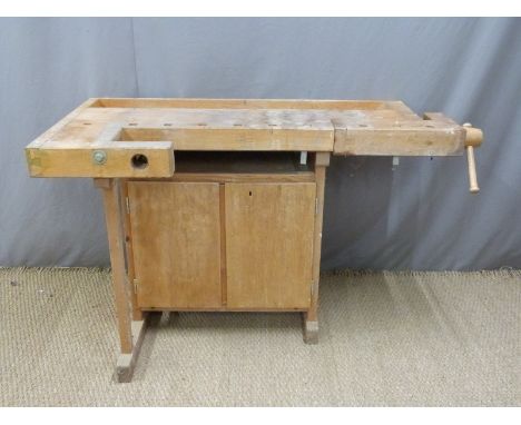 Vintage woodworking workbench with vice and storage cupboards, H80 x L135cm
