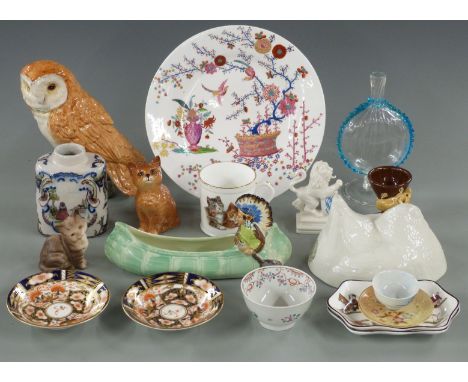 Nymphenburg lion figure, Beswick cat and owl figures, Foley mug decorated with cats, Worcester first period tea bowl, Royal C