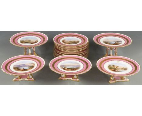 Aynsley 1886 hand decorated dessert service of 12 plates and five tazzas, mostly decorated with lake / loch scenes