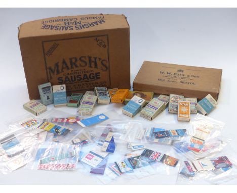 Collection of vintage packaging to include airline matchbooks, cigarette boxes, Marsh's Cambridge sausage box and W W Kemp an