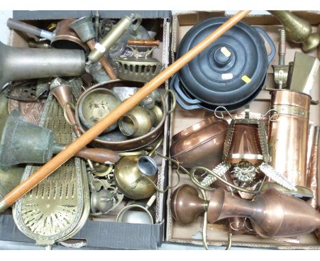 Large collection of copper and brassware including vintage hand bell, retro companion set, cast iron ovenware, relief moulded