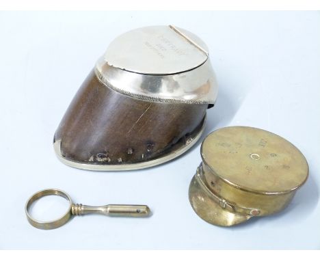 A horse's hoof trinket box with plated mounts, impressed 'Contract, died 1893', a brass WW1 trench art officer's cap Jan 1918