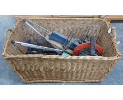 Twin handled log basket, length 93cm and a quantity of tools including a cordless drill