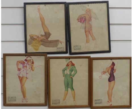 Five vintage framed glamour calendar images, circa 1948, marked Petty, each approximately 27x22cm