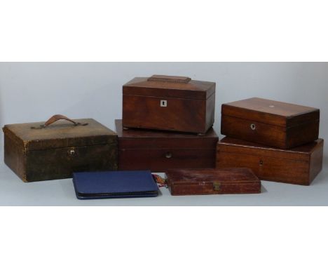 Leather covered jewellery box, two division tea caddy, vintage paint box, further inlaid box etc