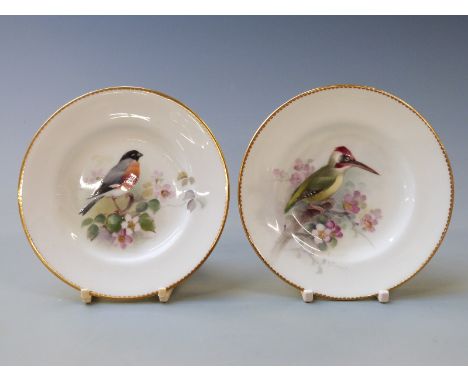 Two signed Royal Worcester pin dishes decorated with a woodpecker and bullfinch by Powell, diameter 12cm
