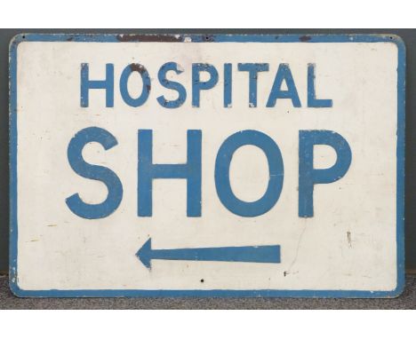 Vintage pressed aluminium hospital shop sign with arrow below text 46 x 68.5cm