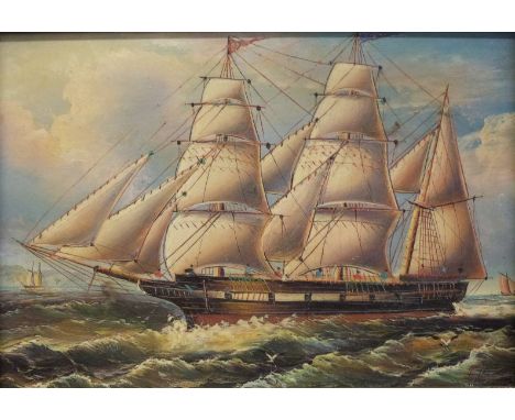 Small print of a three masted sailing ship in burr wood frame, 11.5 x 16.5cm&nbsp;