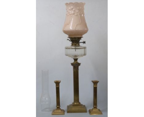 Victorian oil lamp with pink glass shade and Messenger's no 2 burner, with matching brass Corinthian column candlesticks, lam