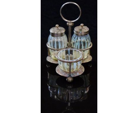 Vaseline or straw opal glass three piece cruet set, possibly James Powell on Frank Mills &amp; Co silver plated base, raised 