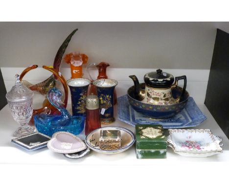 A group of ceramics and glass including Royal Crown Derby, Carltonware, art glass, Victorian teapot etc