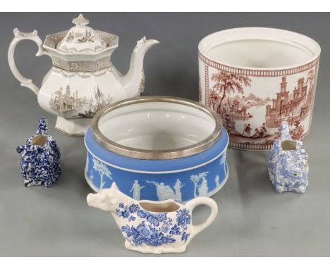 Wedgwood Jasperware jardiniere with plated mount, Calico and Crown Devon creamers, large Victorian teapot, Halcyon Days jardi