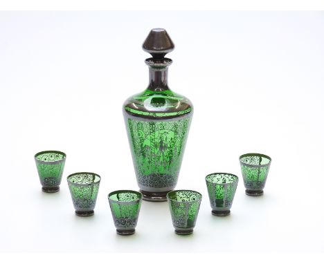 Venetian style silvered and flash overlaid glass drinking set comprising a decanter and six glasses all with scrolling decora