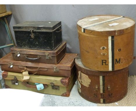 Six pieces of vintage luggage including leather suitcases, hat box with Cunard white Star Line shipping&nbsp; labels etc, wid