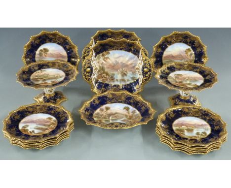 Aynsley late 19th/20thC dessert service of twelve plates, two tazzas and three serving dishes,&nbsp;hand decorated with named