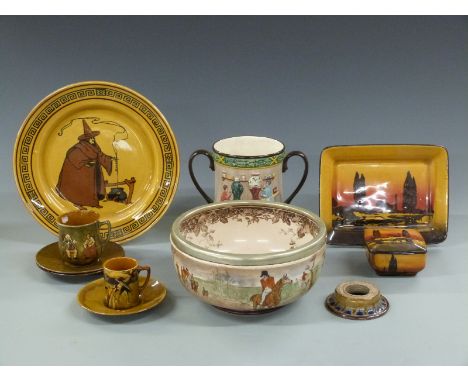 Royal Doulton Seriesware including a pedestal hunting bowl by R Caldecot, unusual cup and saucer with piper decoration and 'C