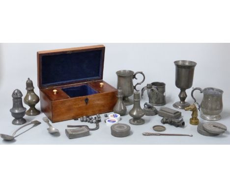 Quantity of pewter ware including tankards, figure of Nelson or similar, plated palm tree candle holder, hallmarked silver ha