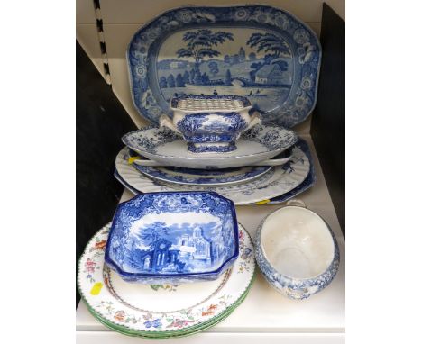 George Jones Abbey pattern dish, Copeland Spode Chinese Rose plates, 19thC and later serving plates including Johnsons