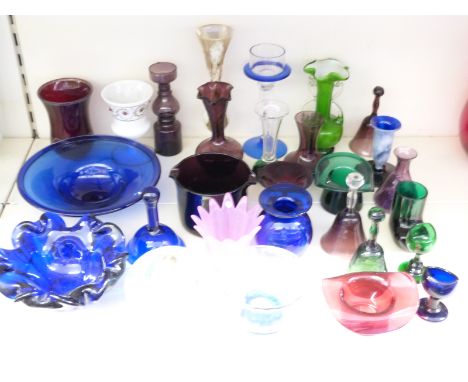 Twenty-eight pieces of coloured glassware including Bristol blue bowl, bells, opaline goblet, amethyst vases etc.&nbsp;