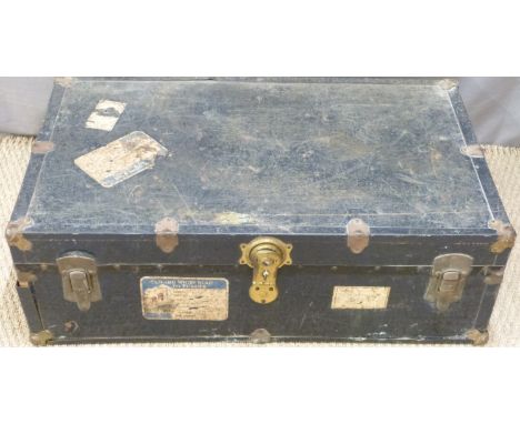 Vintage metal bound trunk with Cunard white Star Line labels, width 92cm