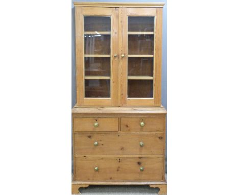 19th century pine dresser having glazed cabinet to top, the base fitted two over two drawers, raised on bracket feet W96 x D4