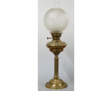 A 19thC Messenger's 54 annular brass oil lamp with etched glass shade, 68cm tall