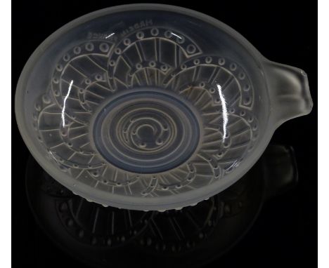 French Lalique style clear glass pin dish with architectural decoration around central spiral, 13cm in diameter.&nbsp;