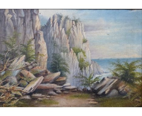 H.Dazeley 19th/early 20thC oil on canvas seascape with cliffs, rocks and steamships, 29 x 43cm&nbsp;