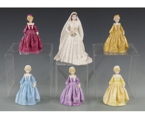 Royal Worcester figurines including five Grandmother's Dress in different colourways and Queen Elizabeth II