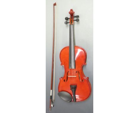 Viva handmade full size 20thC violin in flame lacquered finish, labelled by 'Guvnor' no VM1004, 35cm two-piece back, complete