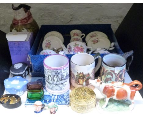 A child's ceramic tea set, Foresters Toby style jug, Staffordshire cow creamer, Sunderland "Sailors Farewell" frog mug, Denby