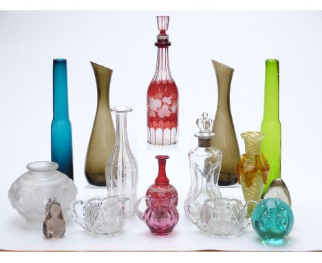 Sixteen pieces of clear and coloured glassware including a dimple decanter with Danish silver collar, flash overlaid and engr