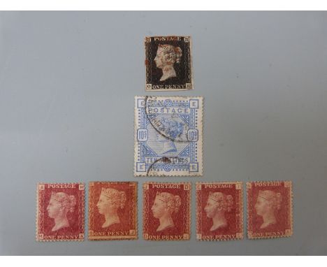 A small collection of Queen Victoria GB stamps including four margin Penny Black, five mint hinged Penny Reds, plates 137, 18