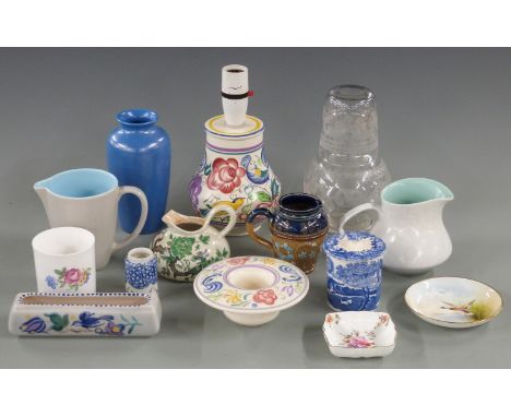 Quantity of Poole pottery including lamp base, jugs and vase, Doulton jug, decanter and cup etc&nbsp;